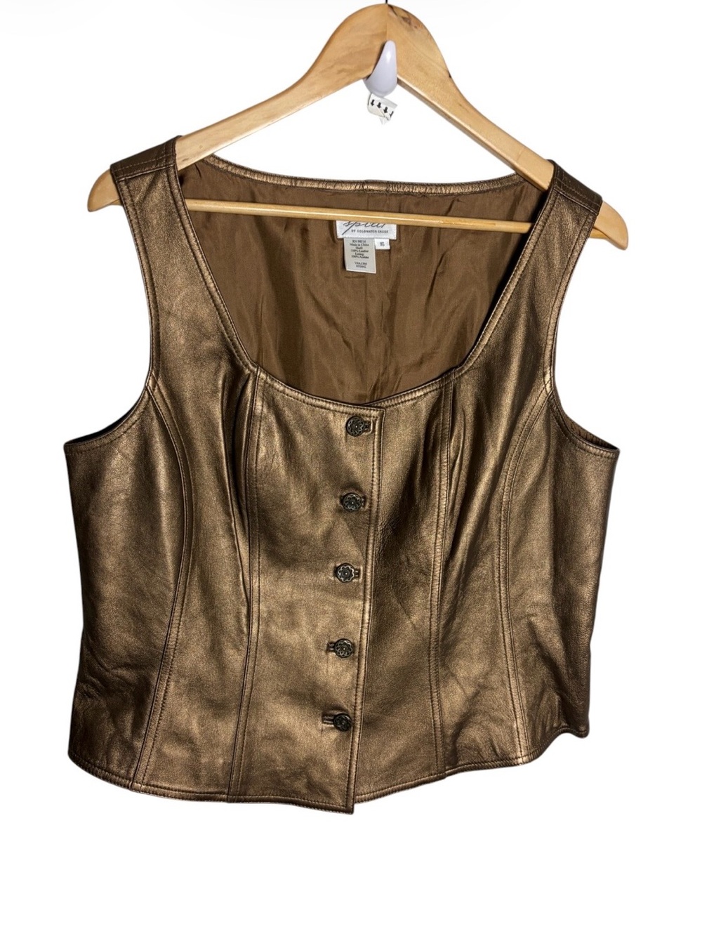 Bronze genuine leather button up sleeveless blouse size 16